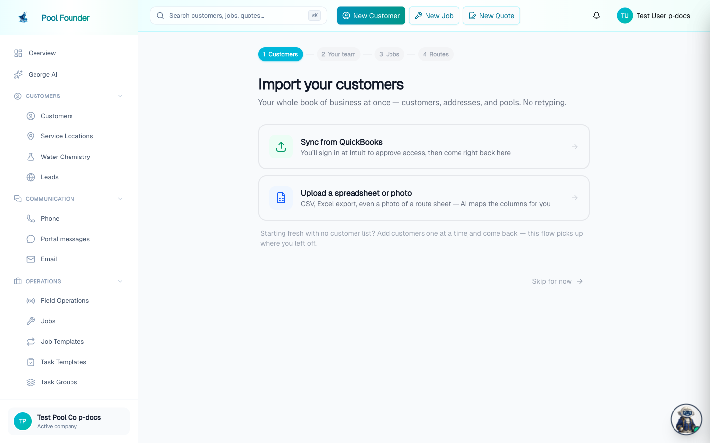 The guided Your book step of setup, with options to add by hand, sync QuickBooks, or upload a spreadsheet