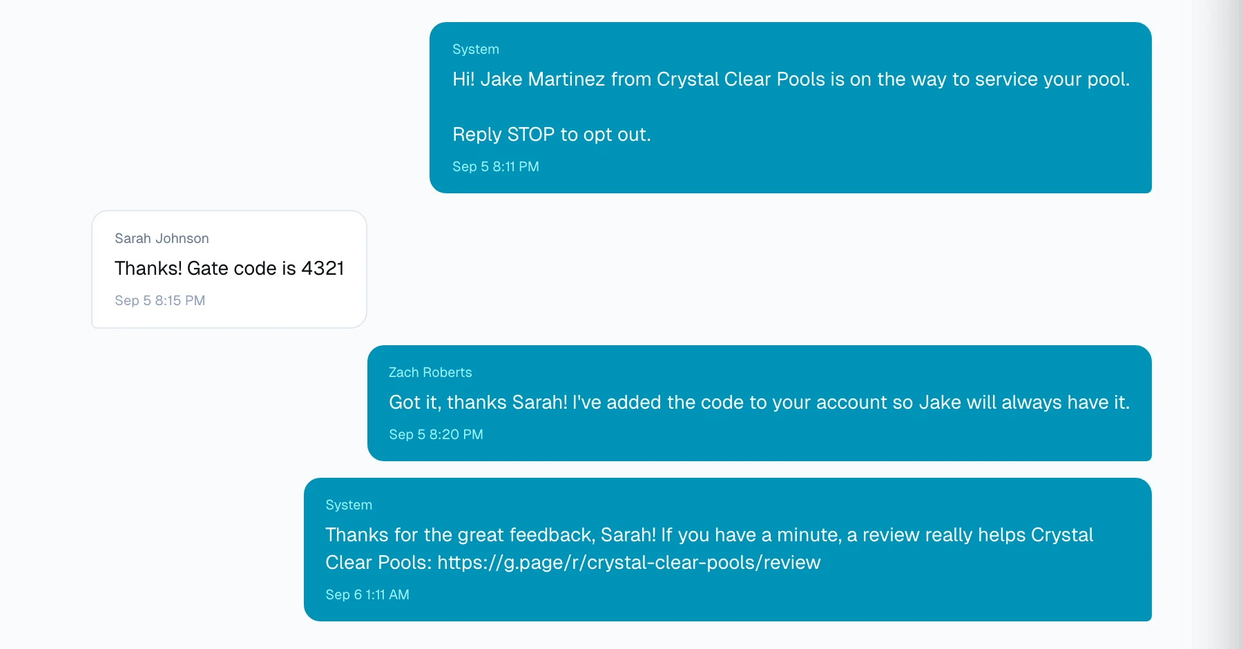 Text thread with a customer: on-the-way notice, gate code reply, and review request