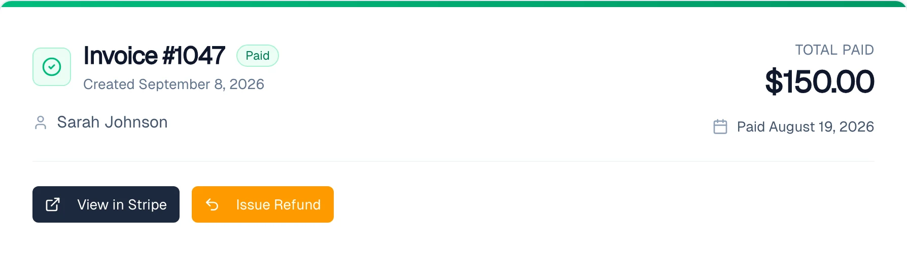 Invoice #1047 with a green Paid badge and $150 total paid
