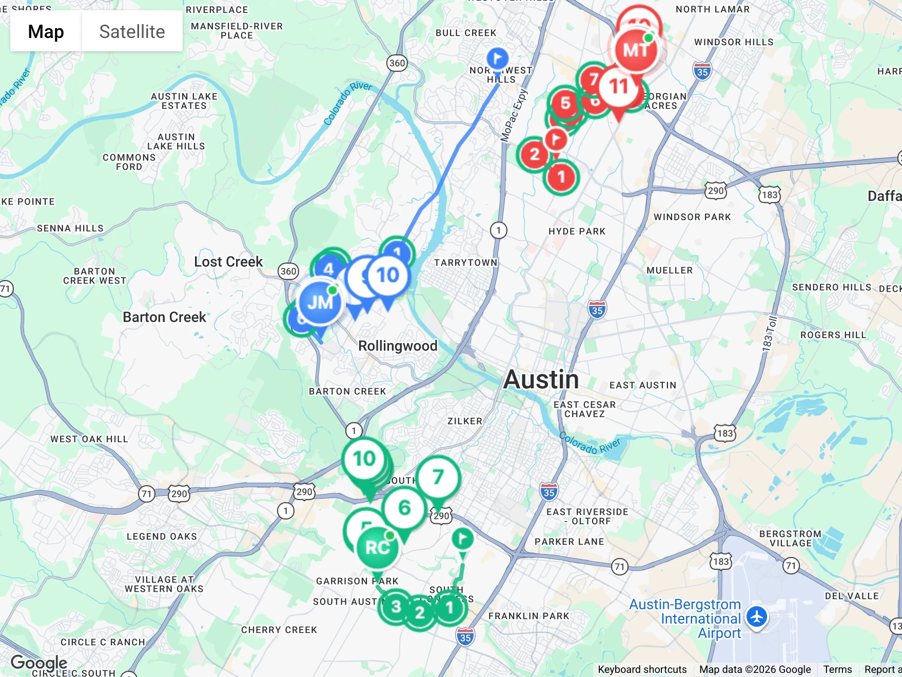 Live map with three color-coded technician routes and numbered stops around Austin