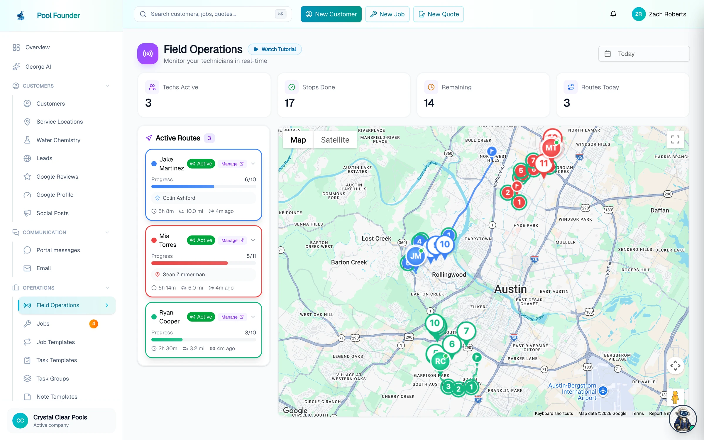 Field Operations screen: three active technician routes and a live map of Austin with color-coded stops