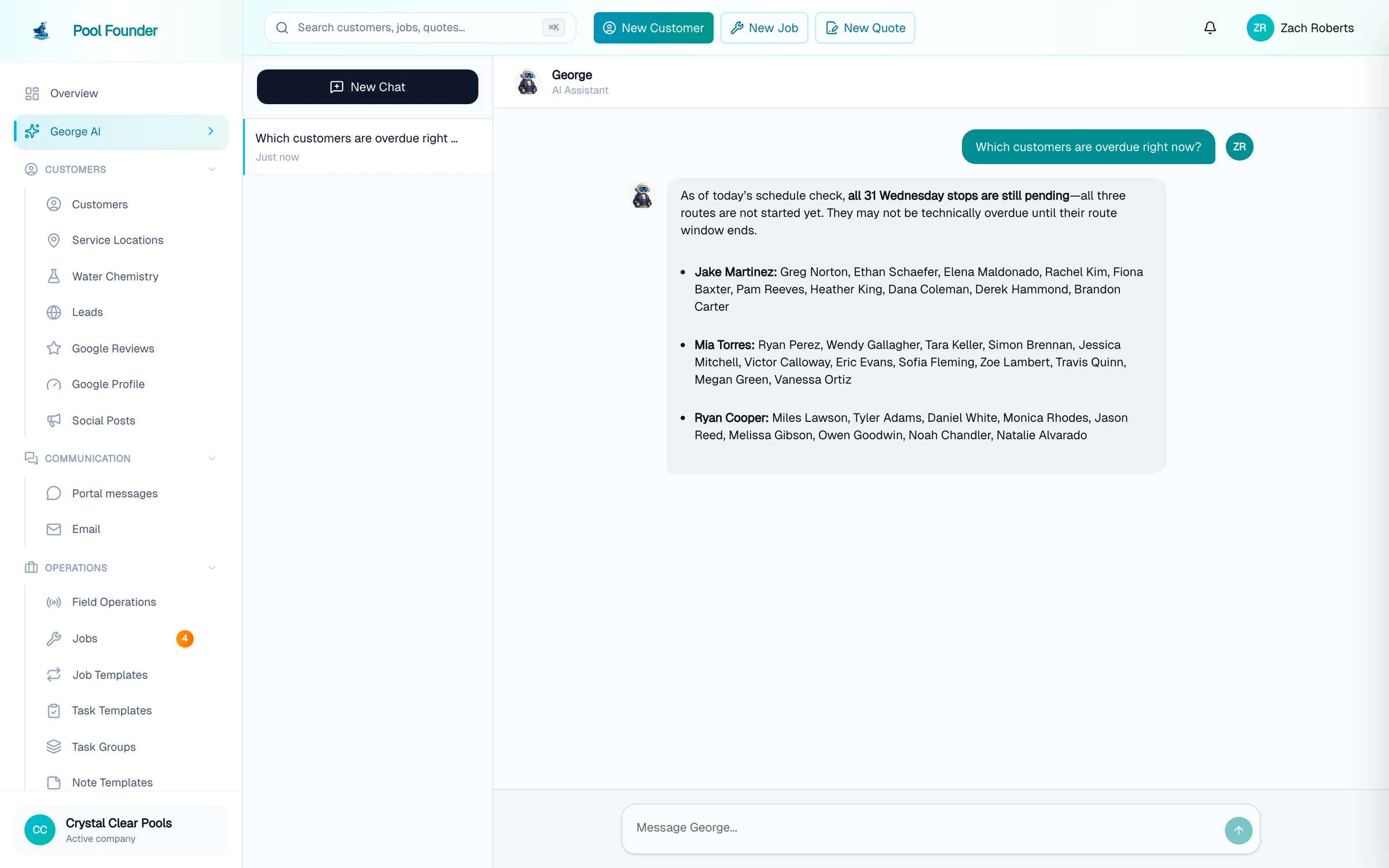 George AI chat answering which customers are overdue, listed by technician