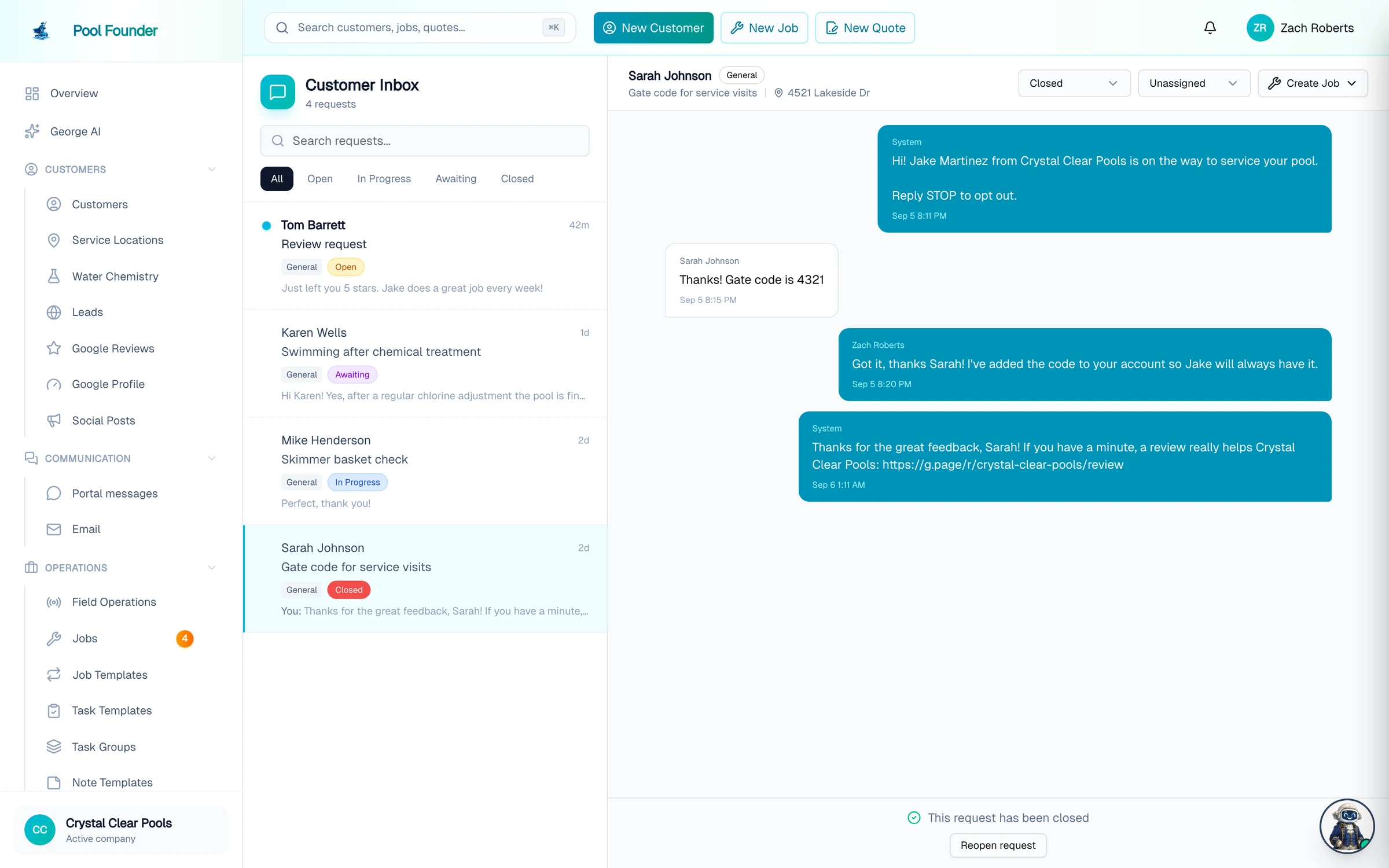Customer Inbox with a text thread: on-the-way notice, gate code reply, and review request