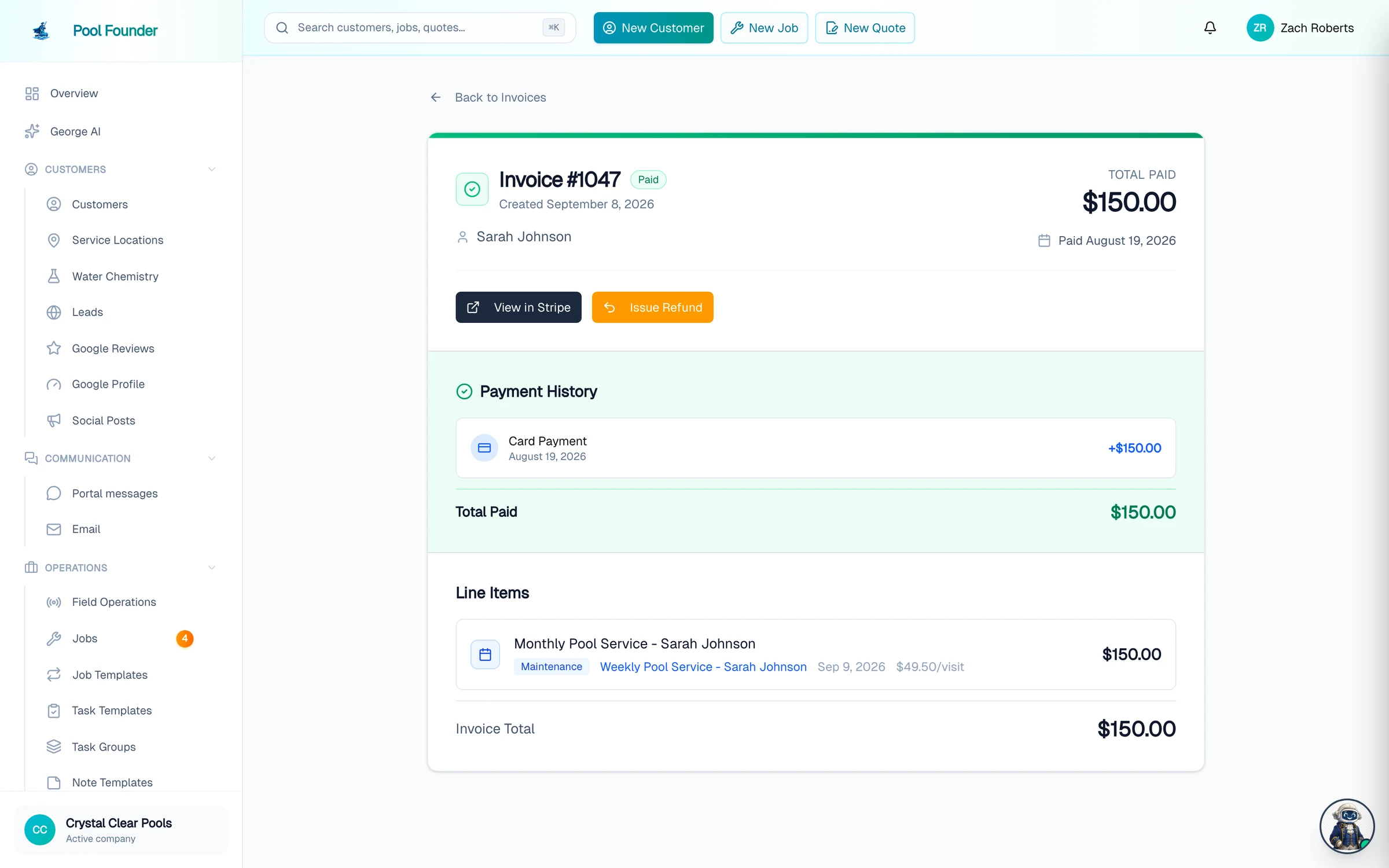 Invoice #1047 marked Paid with payment history and line items