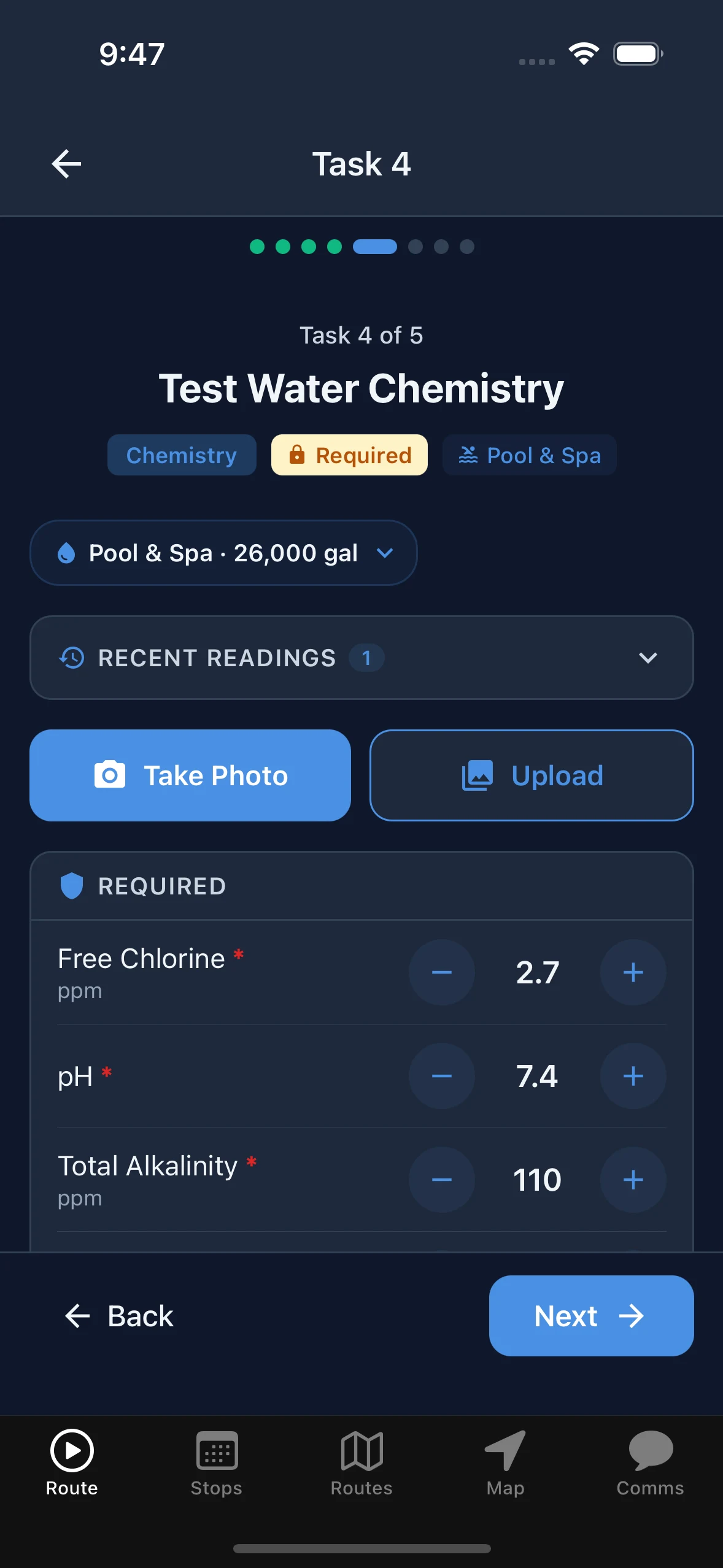 Water chemistry step with free chlorine, pH, and alkalinity entered