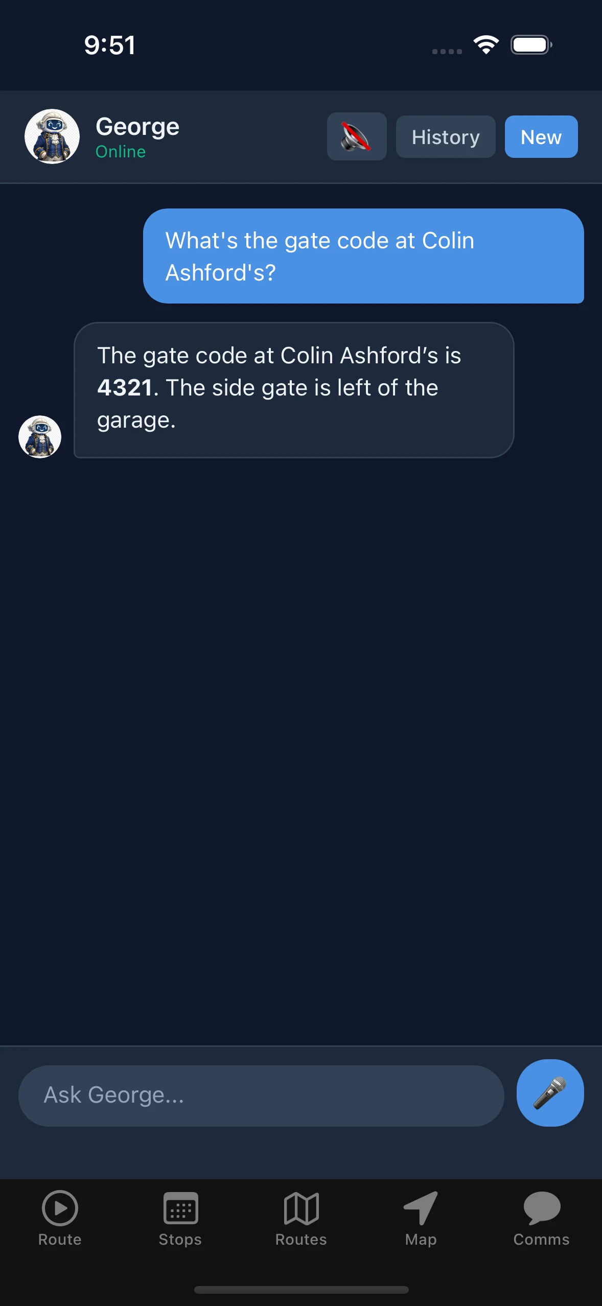 George in the technician app answering a question about a customer’s gate code
