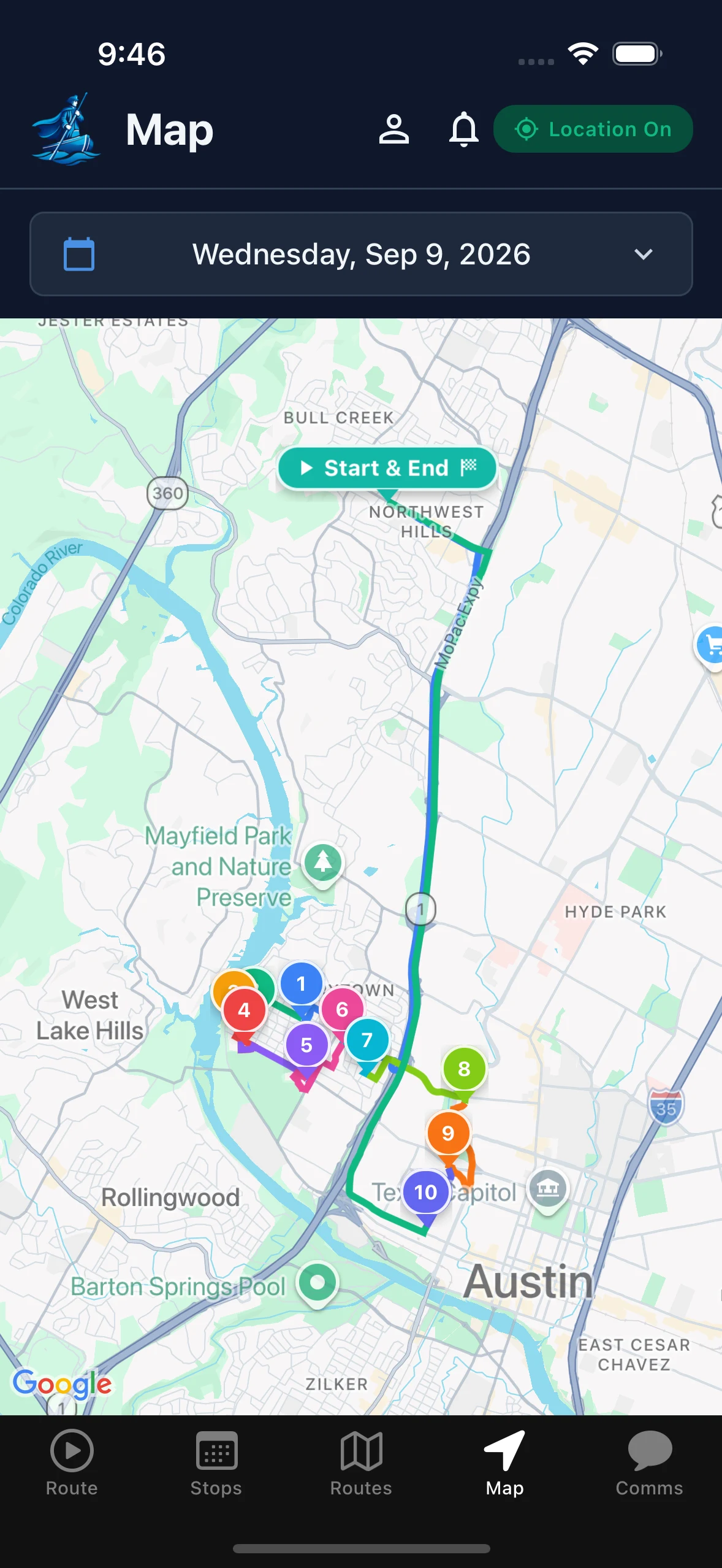 Map of the day’s route through Austin with numbered stop pins