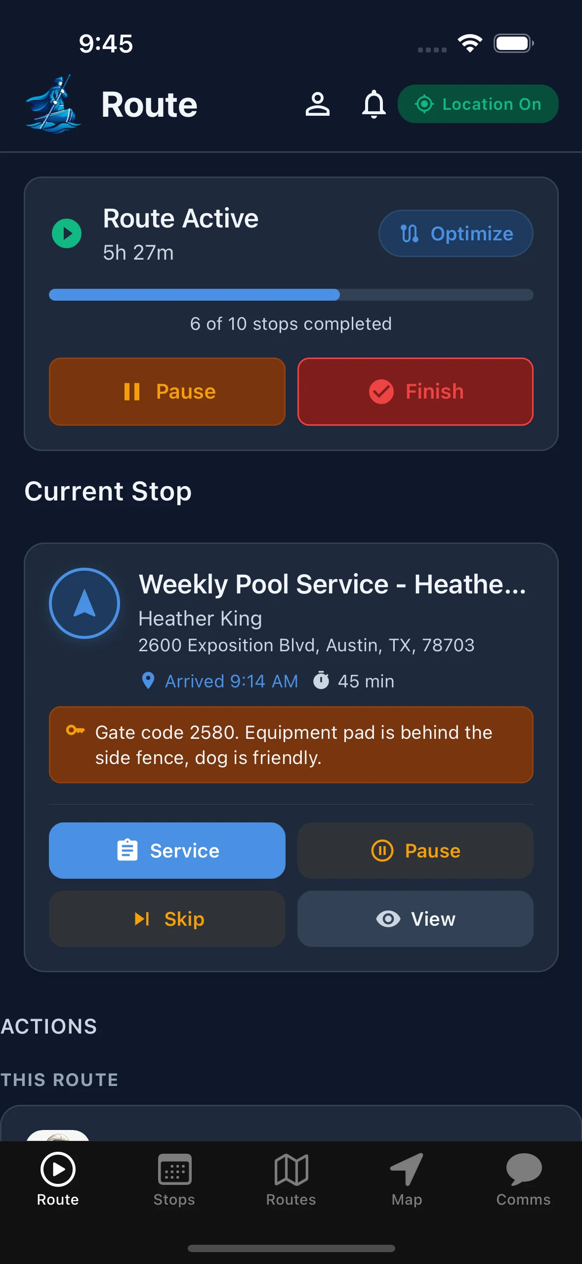 Technician app Route tab: route active, 6 of 10 stops done, current stop with the gate code