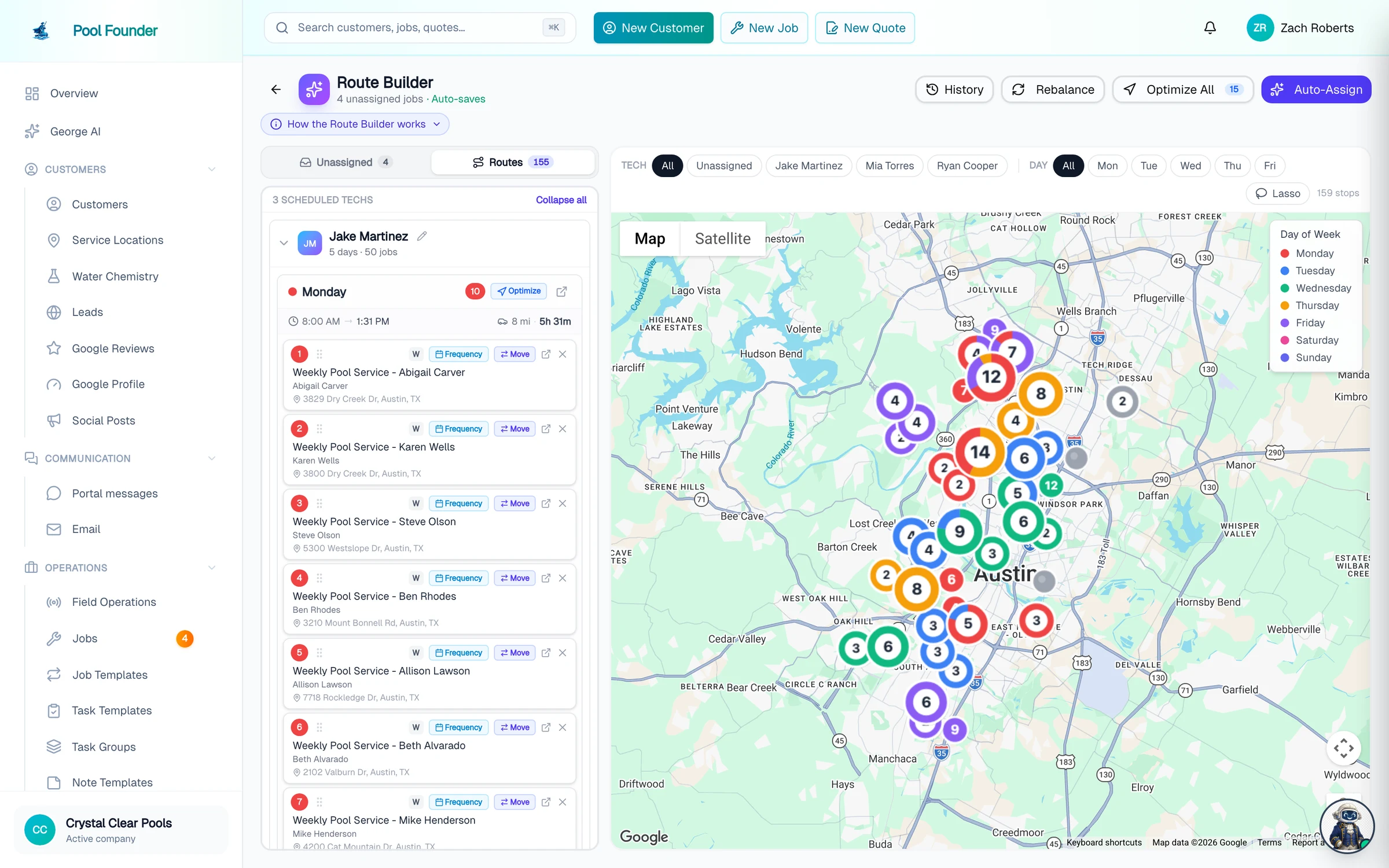 Route builder week view with technician lists and a map of color-coded days