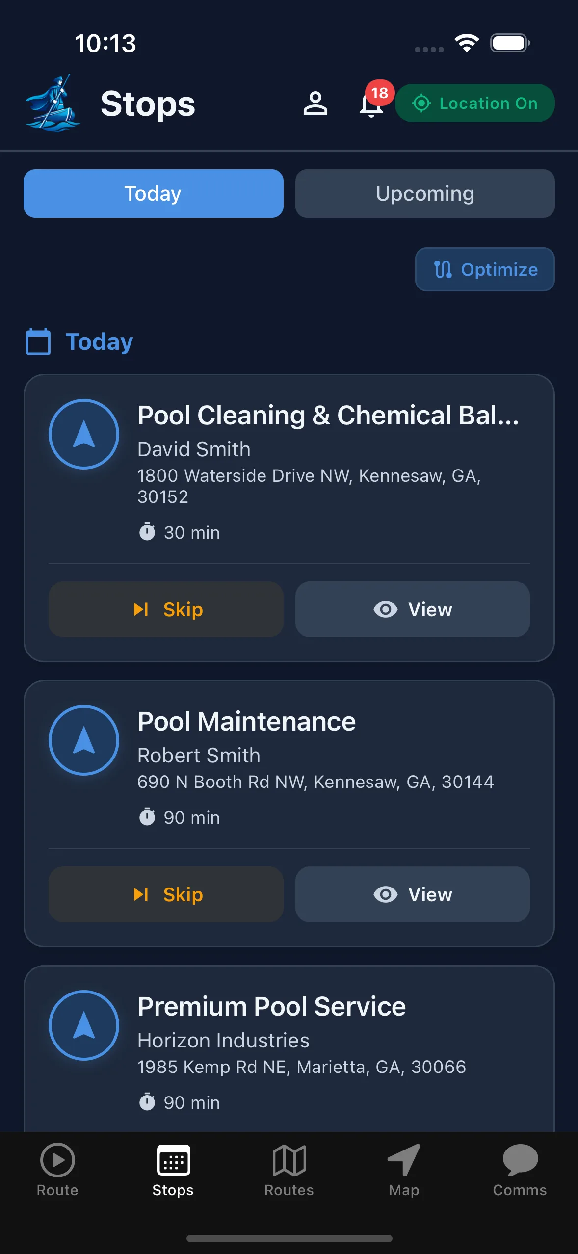 Technician app showing today’s stops